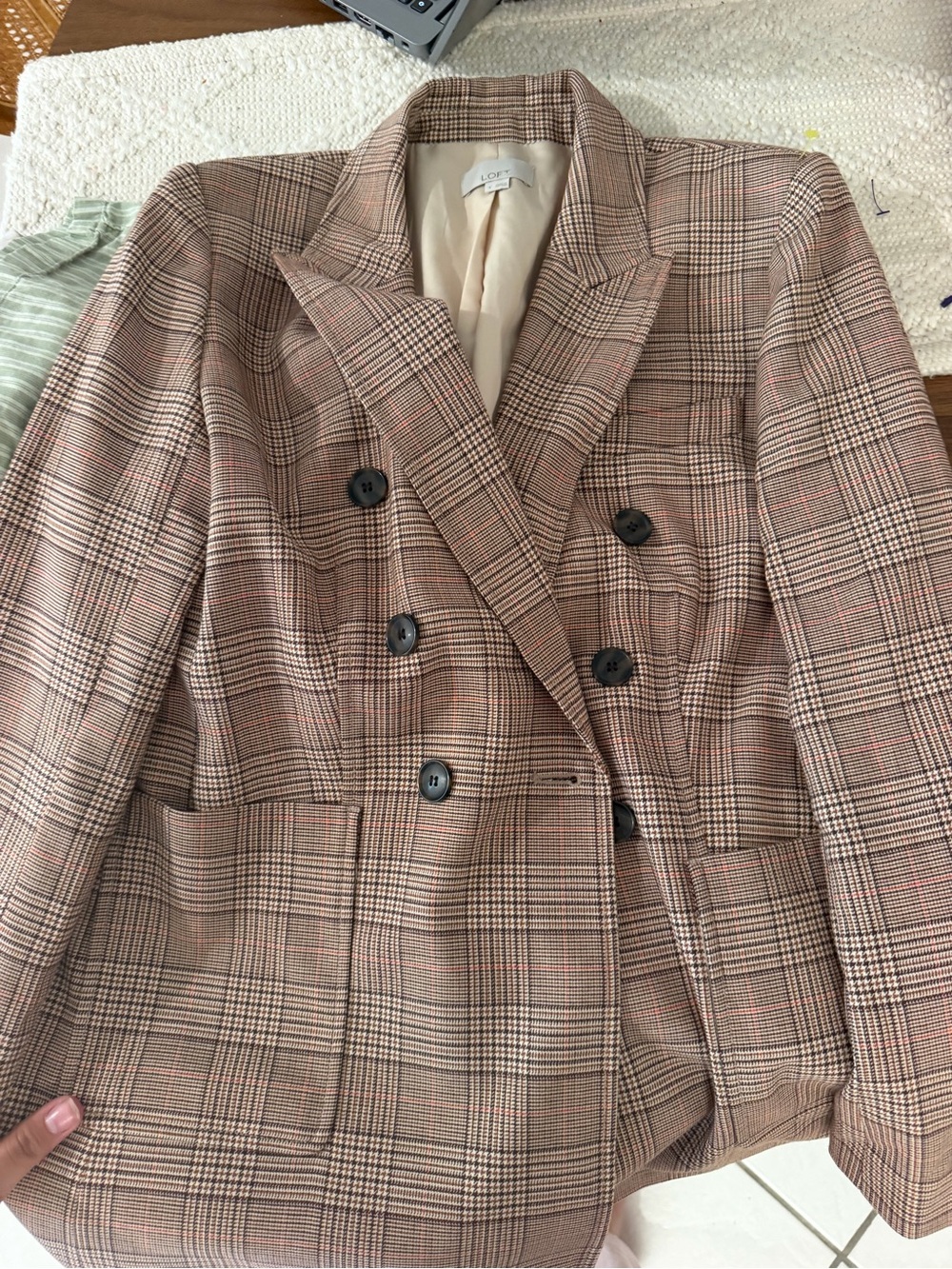 LOFT Brown Plaid Double-Breasted Blazer with Subtle Pink Check